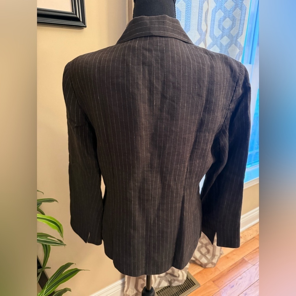 Lafayette 148 Blazer Brown Pinstripe 100% Linen 2 Button Career Jacket Women 10 - Picture 4 of 13